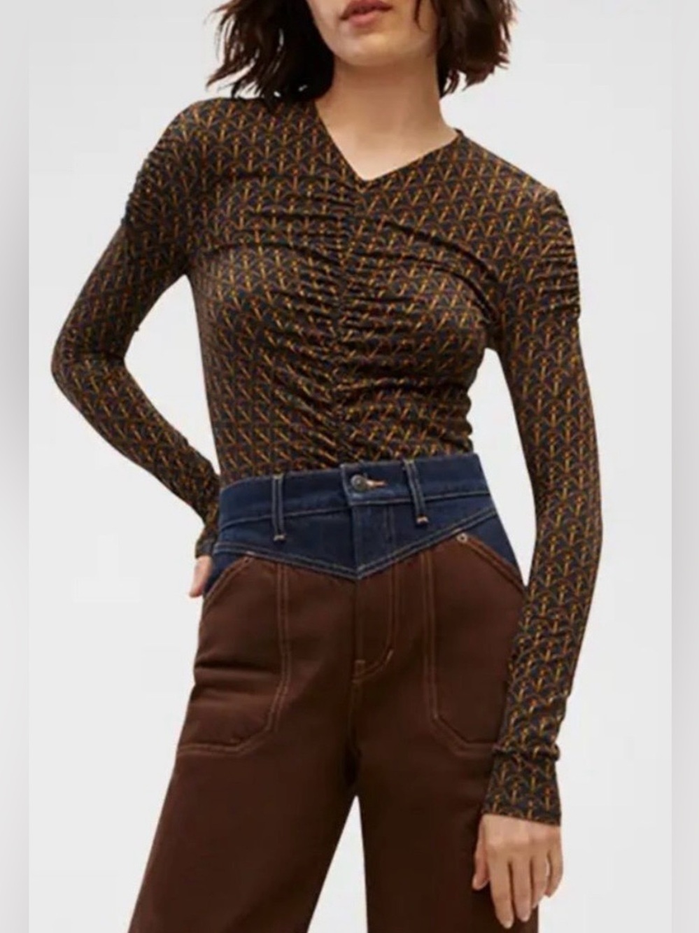 Veronica Beard Neeta Ruched Top Small Navy Gold Horsebit Tack Long Sleeve Preppy